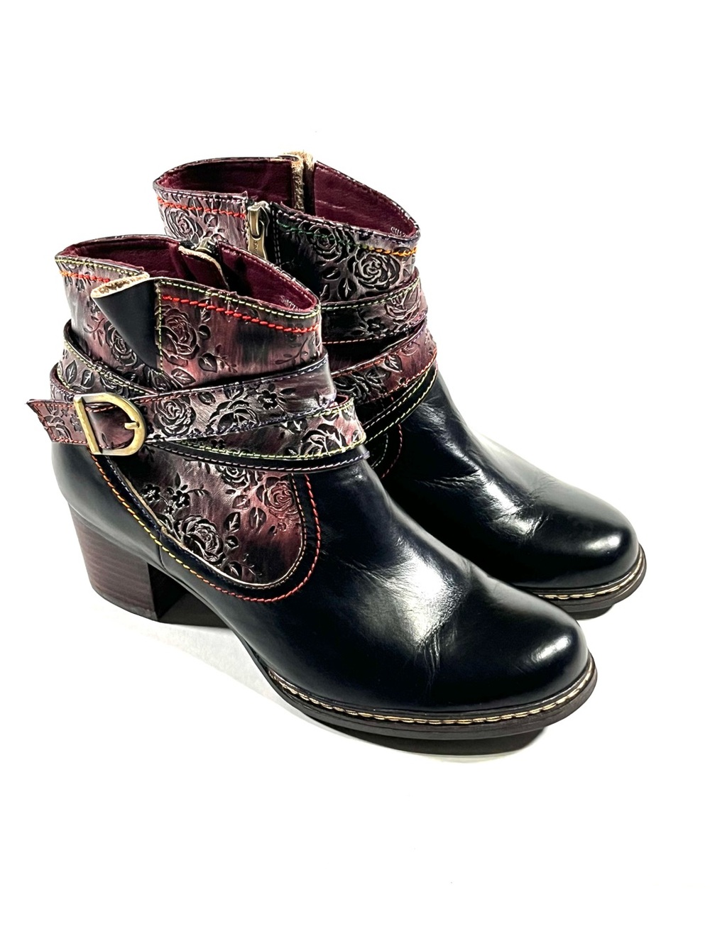 Spring Step Black and Burgundy Floral Embossed Ankle Booties